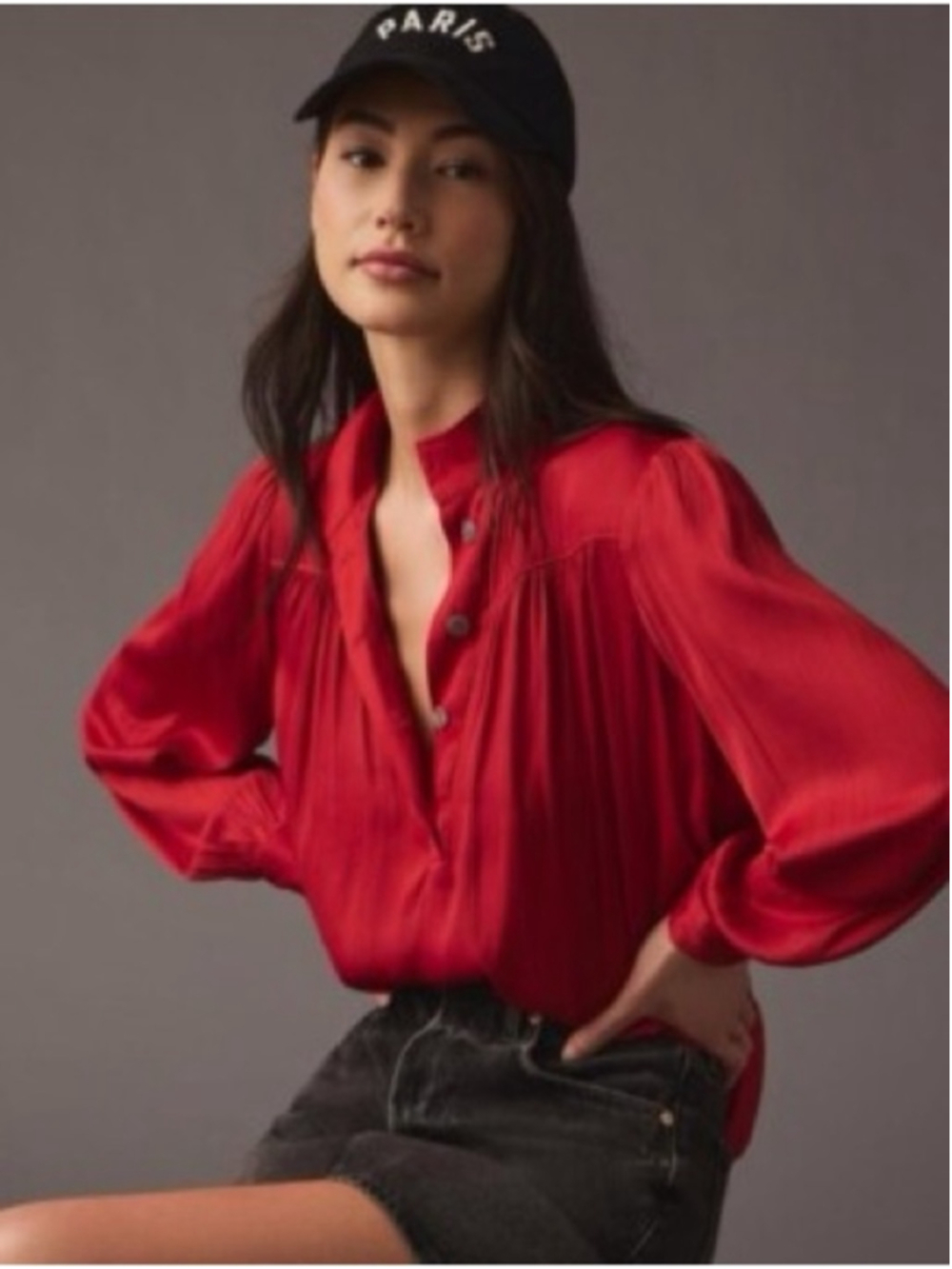 Anthropologie Red Satin Button-Front Button Down Blouse
